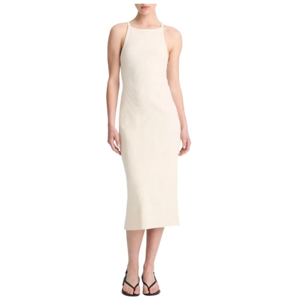 NWOT Vince Cotton blend Ribbed High-Neck Tank Midi Dress Ivory Cream Size L